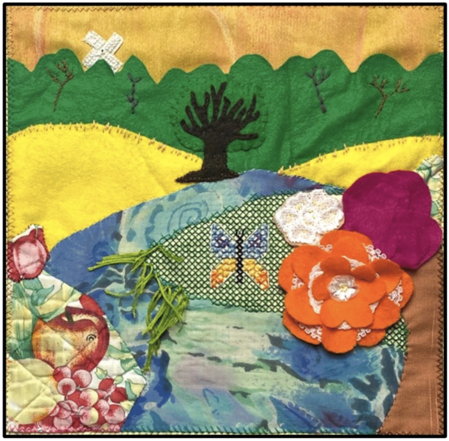 A colourful textile panel. Tree line, water, bright flowers