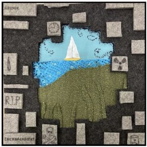 A sailing boat with sky, water and land surrounded by grave-like shapes encroaching in textile art