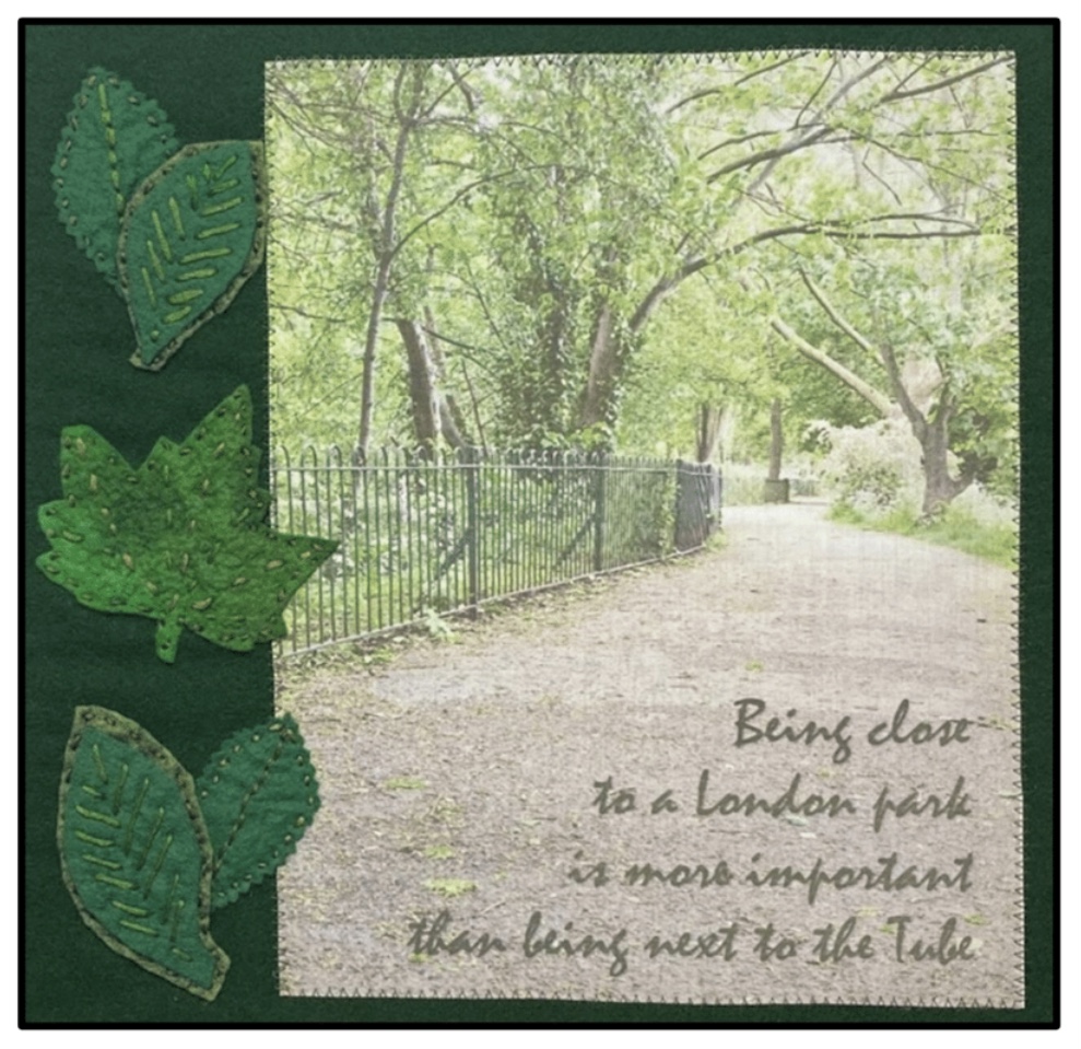 Textile panel with photographic image of tree lined path in a park with leaves in textile in foreground