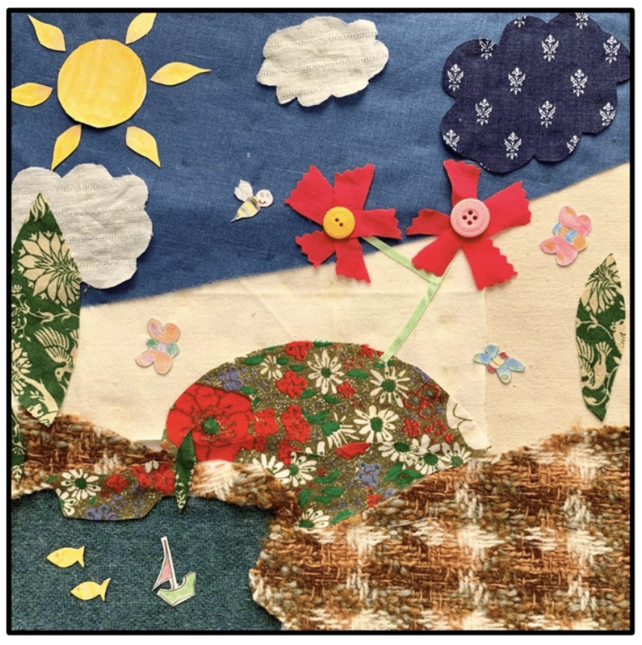 Textile panel with sun, clouds, flowers and water