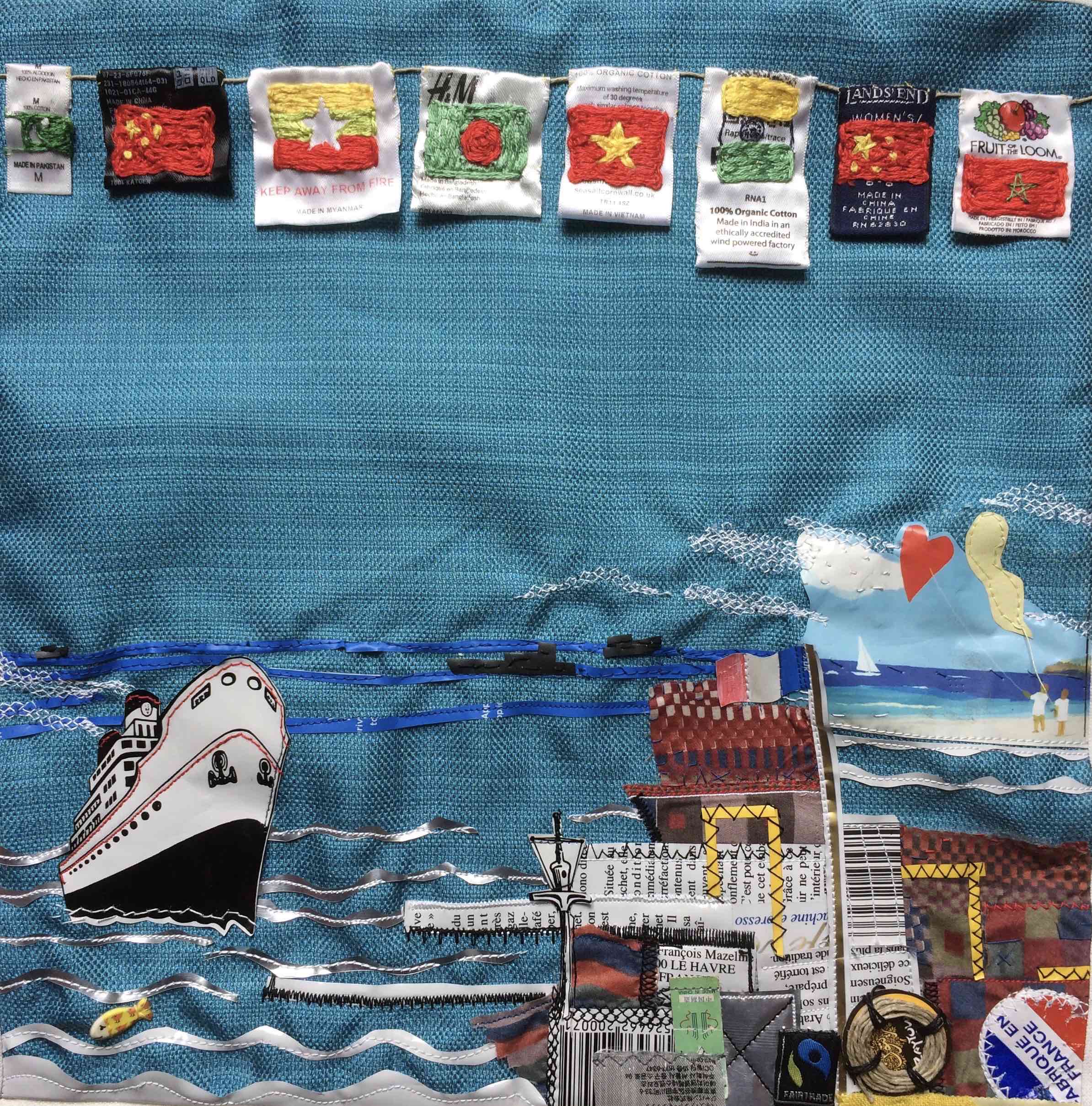 Flags of the world over the sea with boat and harbour industry